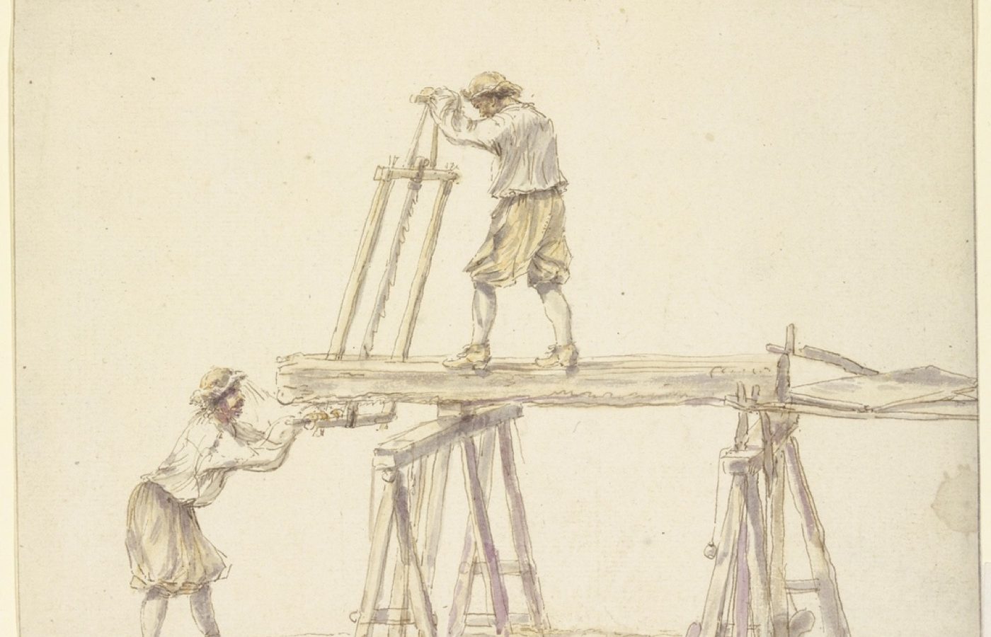 Two men sawing wood, null