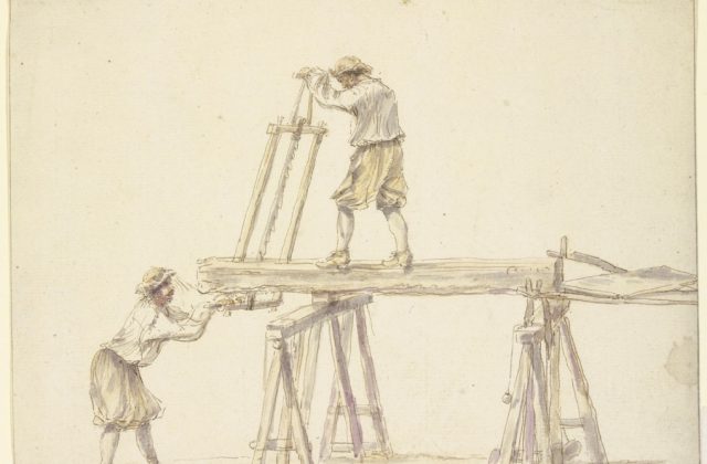 Two men sawing wood, null