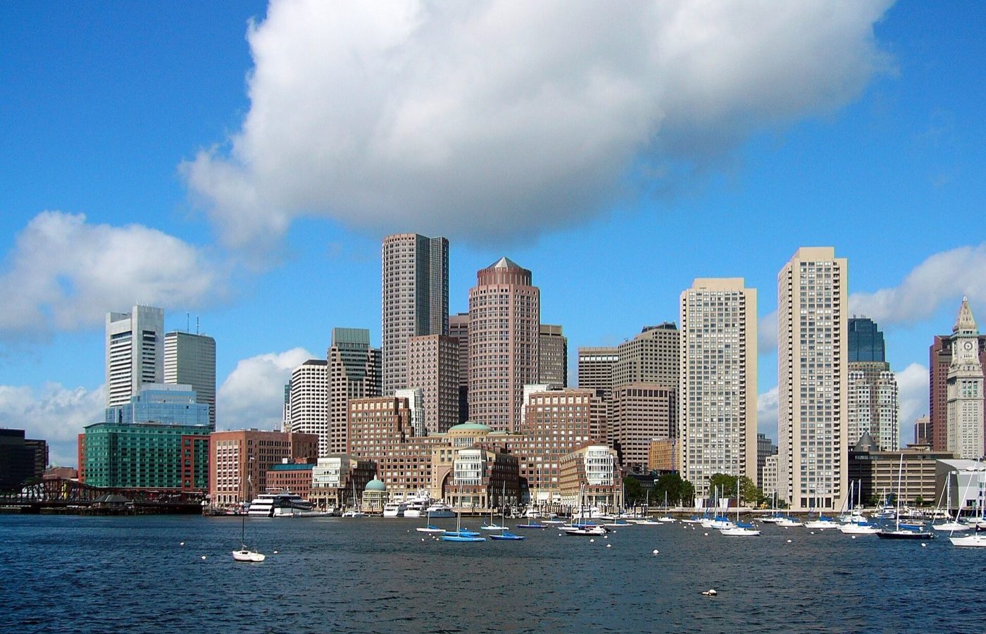 Skyline of Boston. Picture was taken from a whale watching ferry that left from the aquarium dock. It is the Eastern side of the Boston peninsula.
