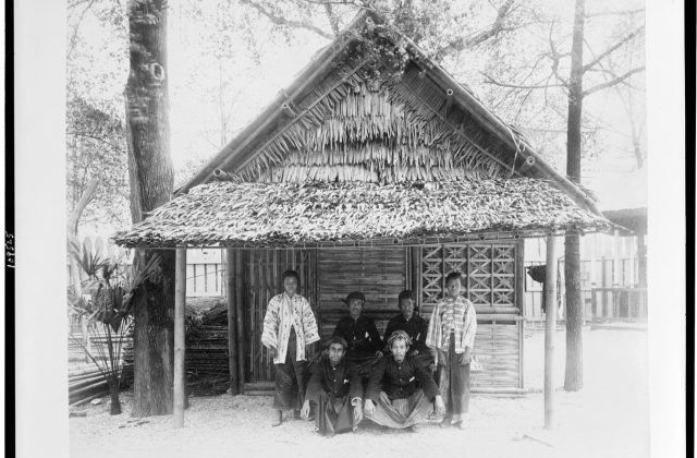 Title: Six people posed before Javanese house in Javanese Village, Paris Exposition, 1889 Abstract/medium: 1 photographic print : albumen.
