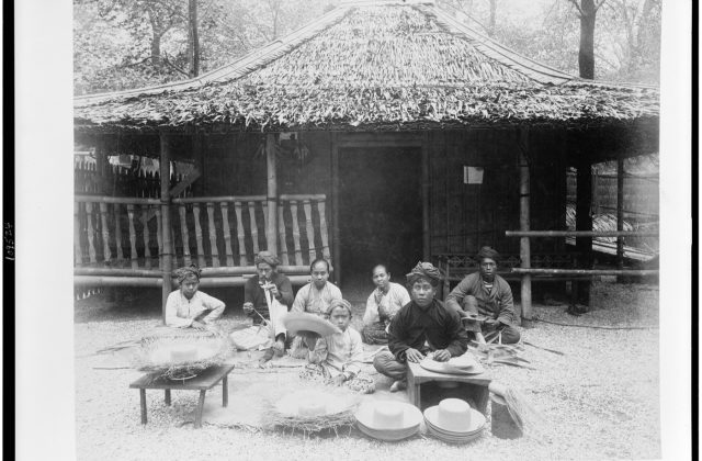 Title: Straw hat makers in Javanese Village seated before Javanese house, Paris Exposition, 1889 Abstract/medium: 1 photographic print : albumen.
